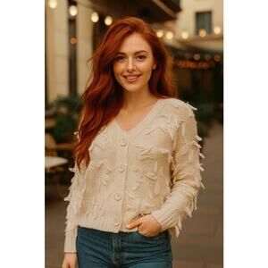 525 Fringe Cardigan Sweater Women’s Size L Bare Color NWT Fringe Detail